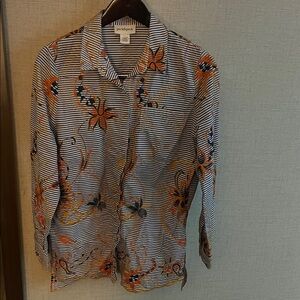 Peck & Peck Floral Striped Blouse - Blue , White, Orange